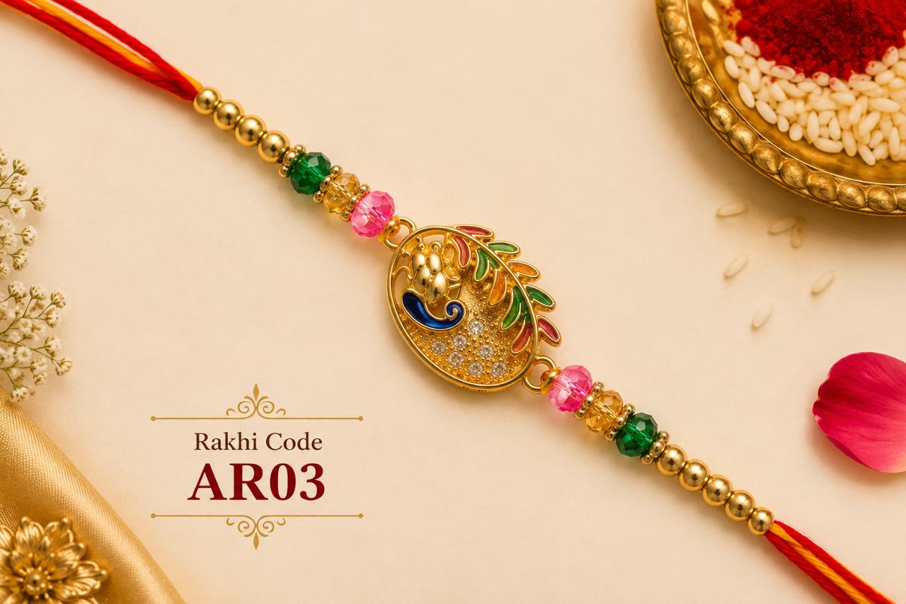  AR03  Premium Peacock Ganesha Rakhi with Crystal Beads