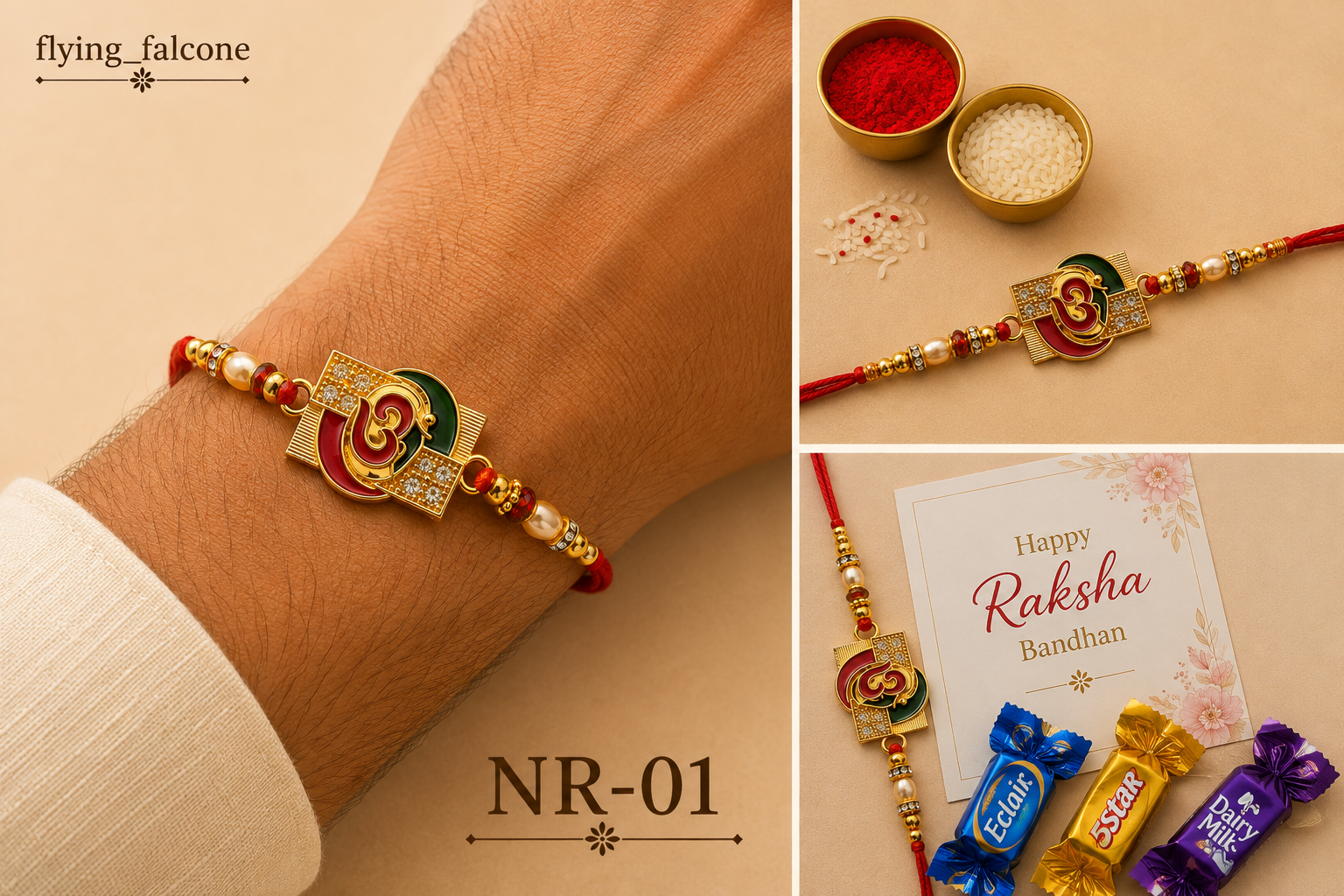 NR-01 – Ornate Om Rakhi with Red Tassels — image 1