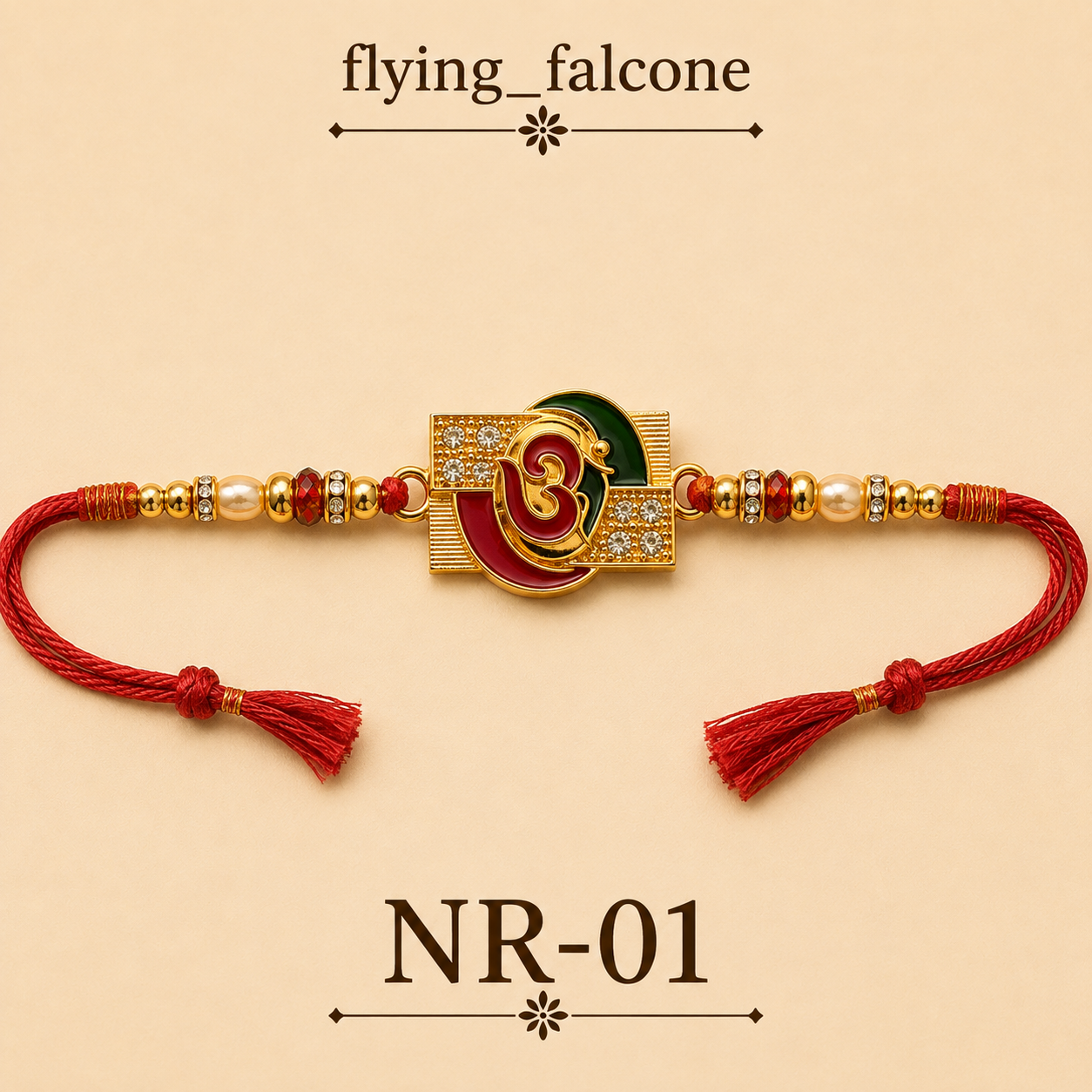 NR-01 – Ornate Om Rakhi with Red Tassels